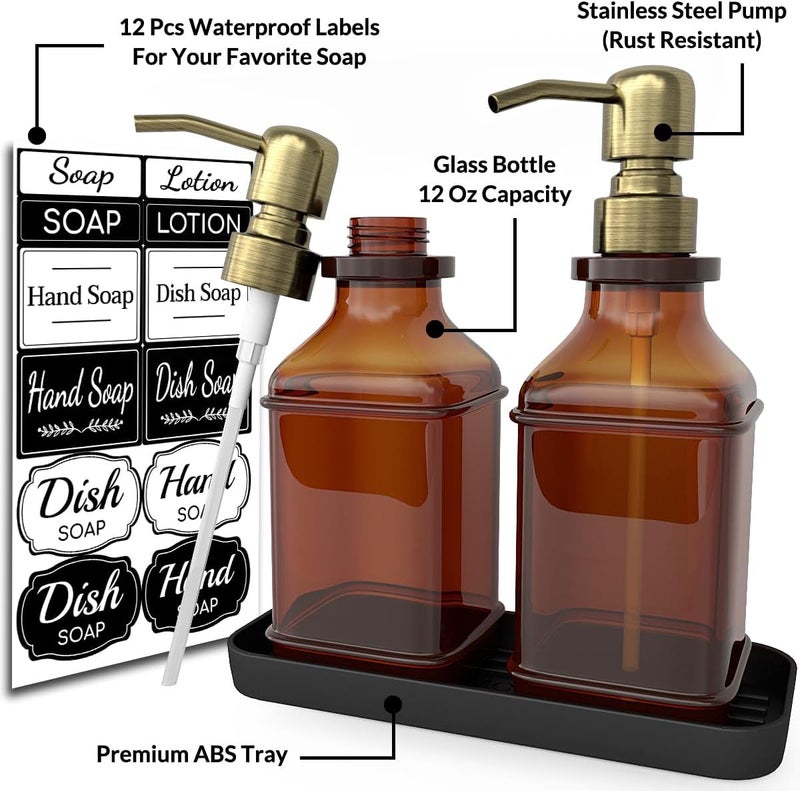 LMQML Soap Dispenser - 2 Pack, Antique Design Thick Amber Glass Hand Soap Dispensers with Sturdy Tray; 304 Rust Proof Stainless Steel Black Pump, 12Pcs Stickers, for Kitchen, Bathroom - Brushed Gold - Image 2